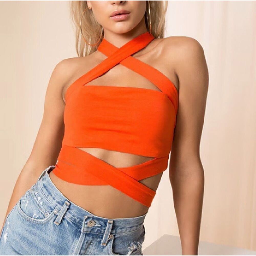 Revolve Superdown Elva Halter Tie Top Orange Cut Out Cropped Size Small - Picture 8 of 10